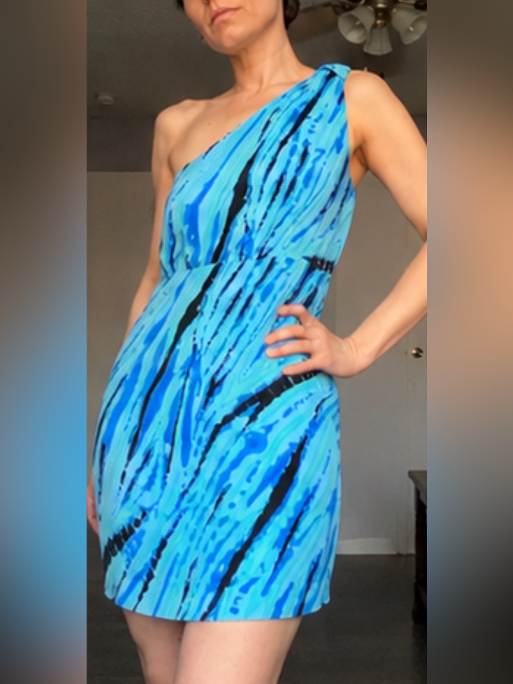 Central Park West One-Shoulder Blue Print Mini Dress
